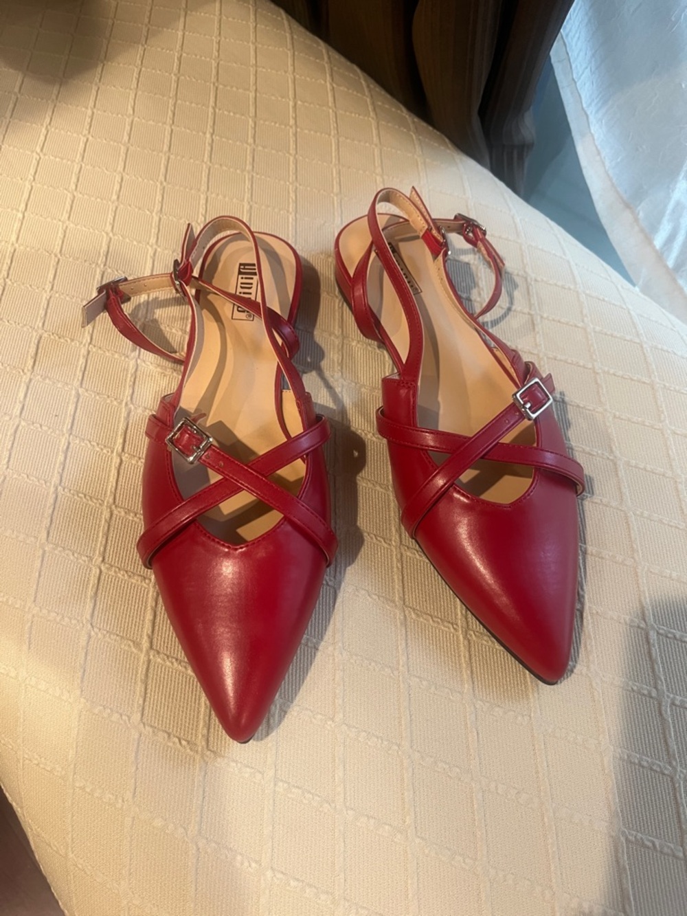 Red Pointed-Toe Slingback Flats with Cross-Strap Detail - Unbranded
